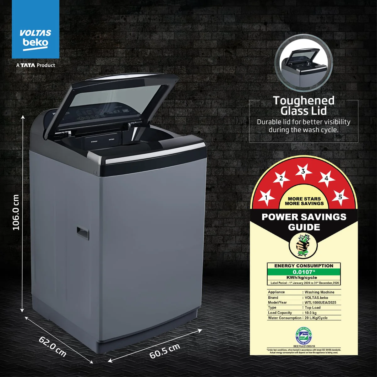 10 Kg 5 Star Fully-Automatic Top Loading Washing Machine (WTL1006UEA/OBS1060, Grey, Double Waterfall Technology) , Voltas Beko, A Tata Product - Image 3