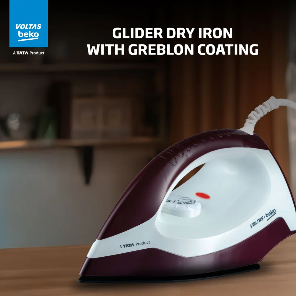 1000 W Dry Iron (I1000VD-BGWH, Burgundy-White, with Crease-busting Greblon Soleplate) , Voltas Beko, A Tata Product - Image 2