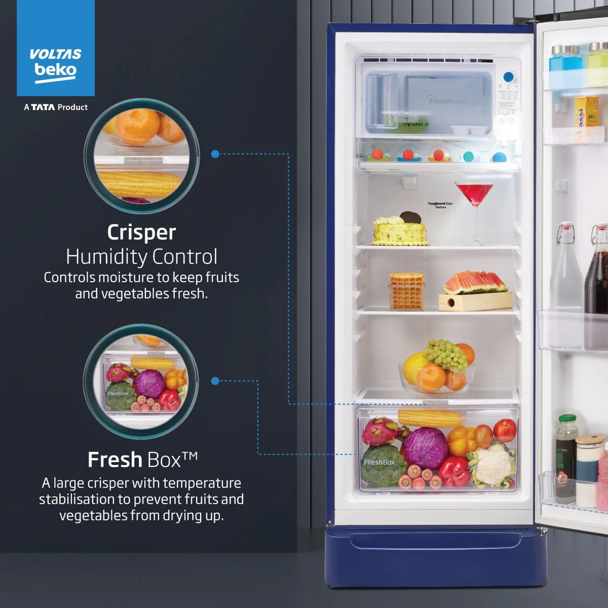 208 L 5 Star Direct Cool Single Door Refrigerator (RDC240A/W0BBRTM0B00GO, Bonita Blue, With Fresh Box Technology, Quick Frezze, Chiller Zone and Base Drawer) , Voltas Beko, A Tata Product - Image 6