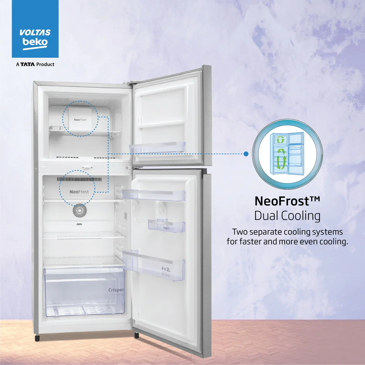 228 L 2 Star Made in India Frost Free Double Door Refrigerator (RFF265D/W0XIR0I0000GO, Brushed Silver, Neo Frost Dual Cooling Technology) , Voltas Beko, A Tata Product - Image 2