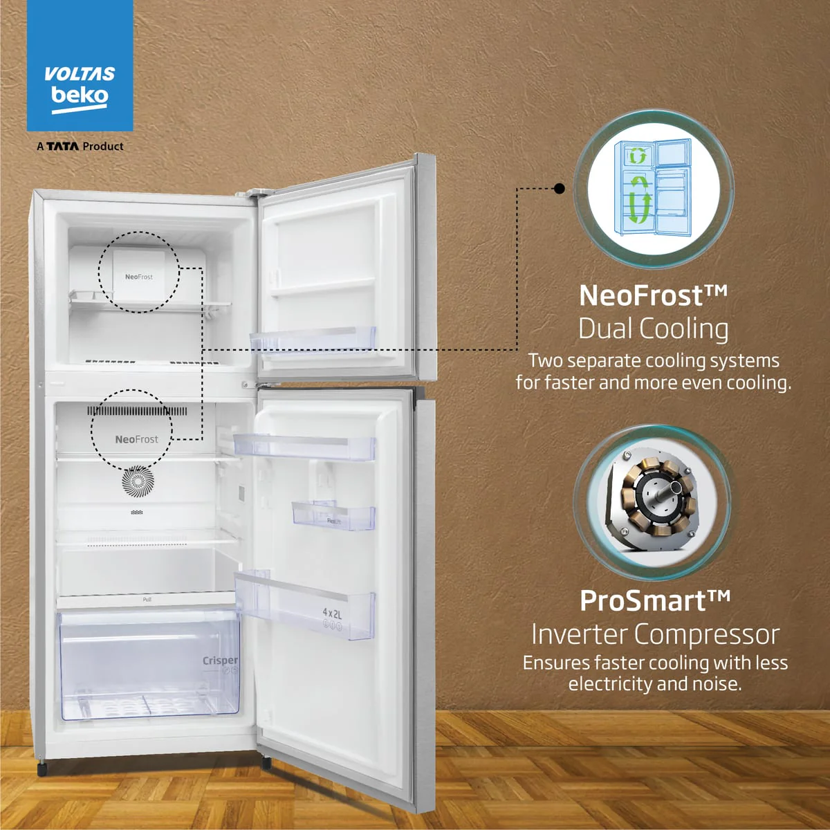 248 L 3 Star Frost Free Double Door Refrigerator (RFF285C / WPXIR0I0, Brushed Silver, with Neo Frost Dual Cooling) , Voltas Beko, A Tata Product - Image 2