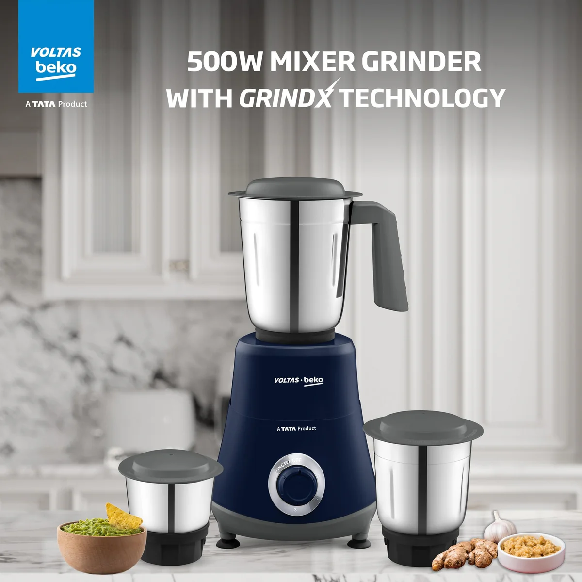 500 W Mixer Grinder (G5003HP-DB, Blue, With GrindX blades Technology) Voltas Beko, A Tata Product - Image 2