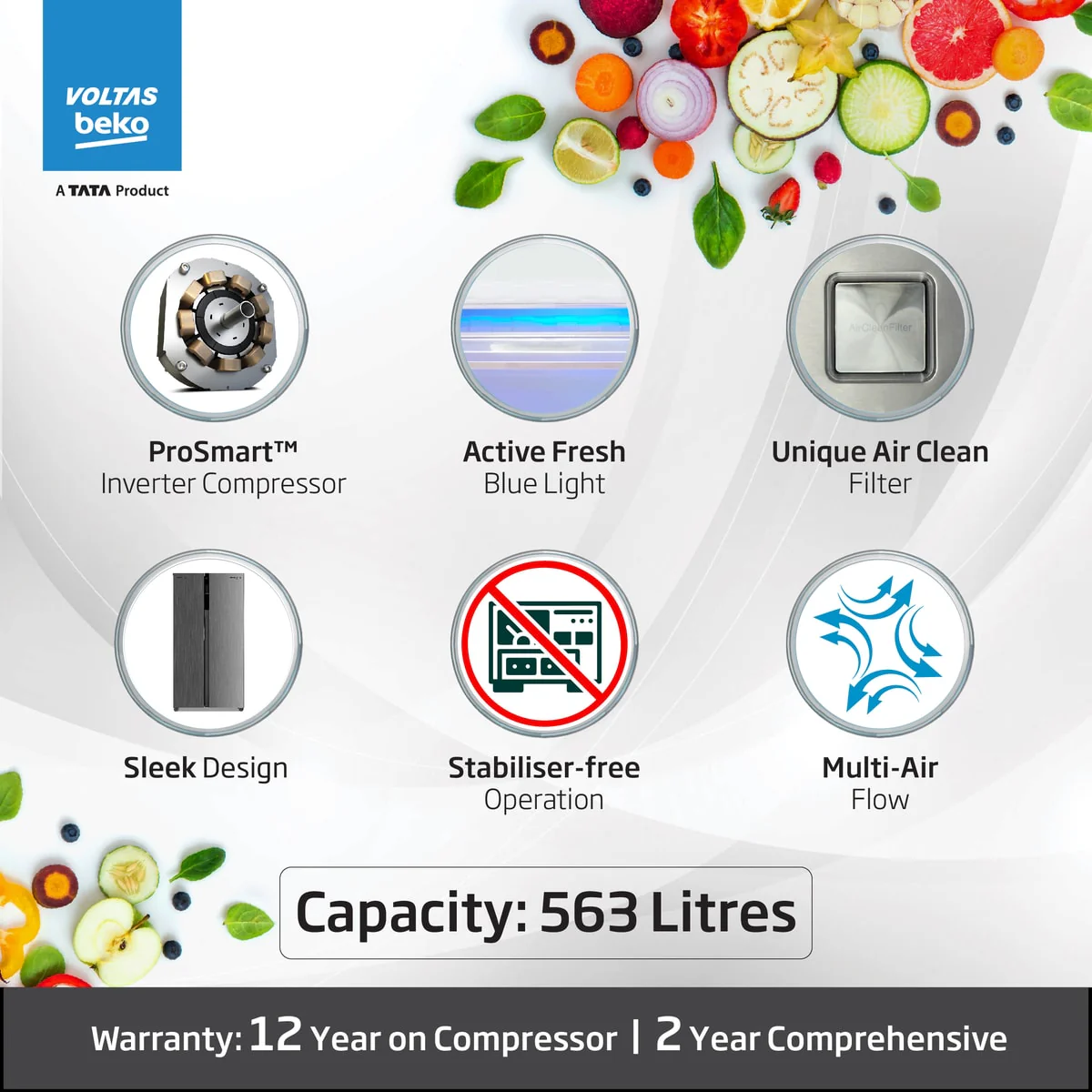 563 L Frost Free Side by Side Refrigerator with ProSmart Inverter Compressor (RSB585/FPV300RXID, Inox steel, Active Fresh Blue Light) , Voltas Beko, A Tata Product - Image 2