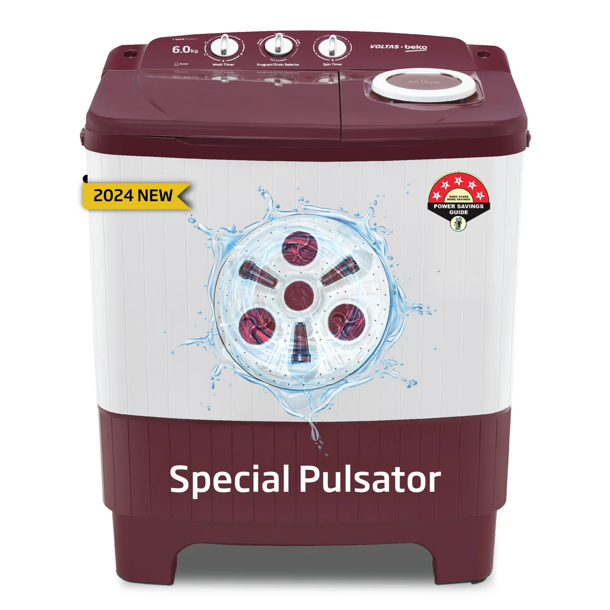 6 Kg 5 Star Semi-Automatic Top Load Washing Machine With Air Dry (WTT60UNX/OK3R0R0W01, Burgundy, Special Pulsator Technology) , Voltas Beko, A Tata Product