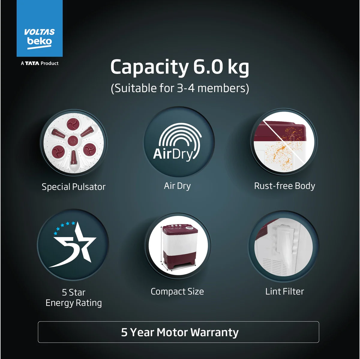 6 Kg 5 Star Semi-Automatic Top Load Washing Machine With Air Dry (WTT60UNX/OK3R0R0W01, Burgundy, Special Pulsator Technology) , Voltas Beko, A Tata Product - Image 2
