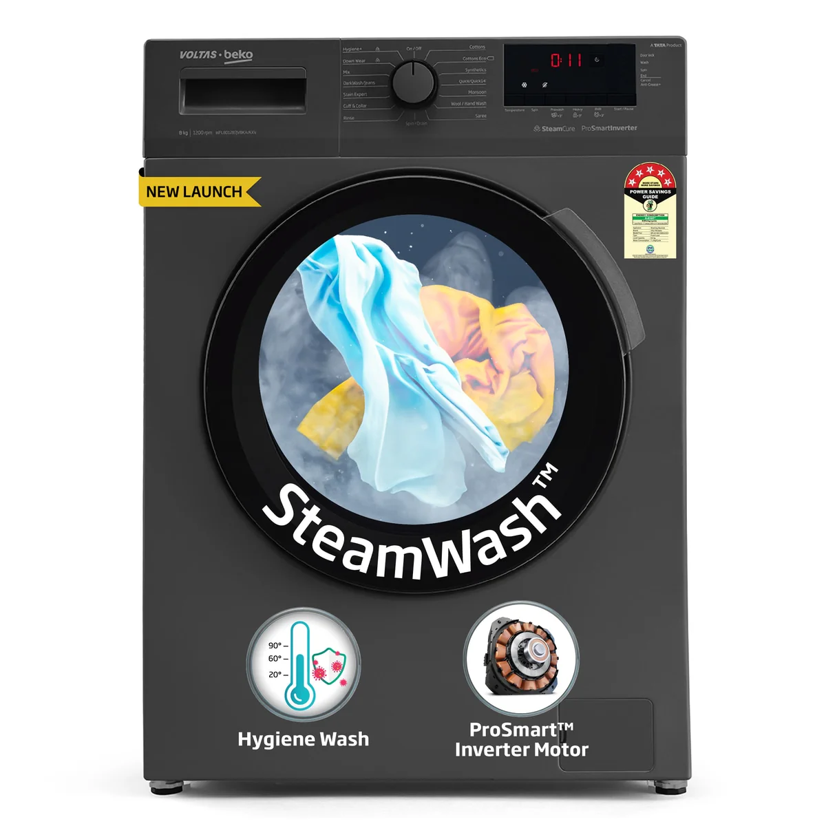7 Kg 5 Star Inverter Quick wash Fully-Automatic Front Loading Washing Machine (WFL7012B7JVBKA/AXV, Anthracite, In buit Heater/Hygiene steam) , Voltas Beko, A Tata Product