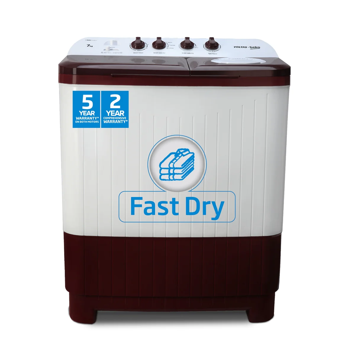 7 Kg 5 Star with Fast Dry Double Waterfall 5 Wing Pulsator Semi Automatic Top Load Washing Machine (WTT70DBRTF, Maroon & White) , Voltas Beko, A Tata Product