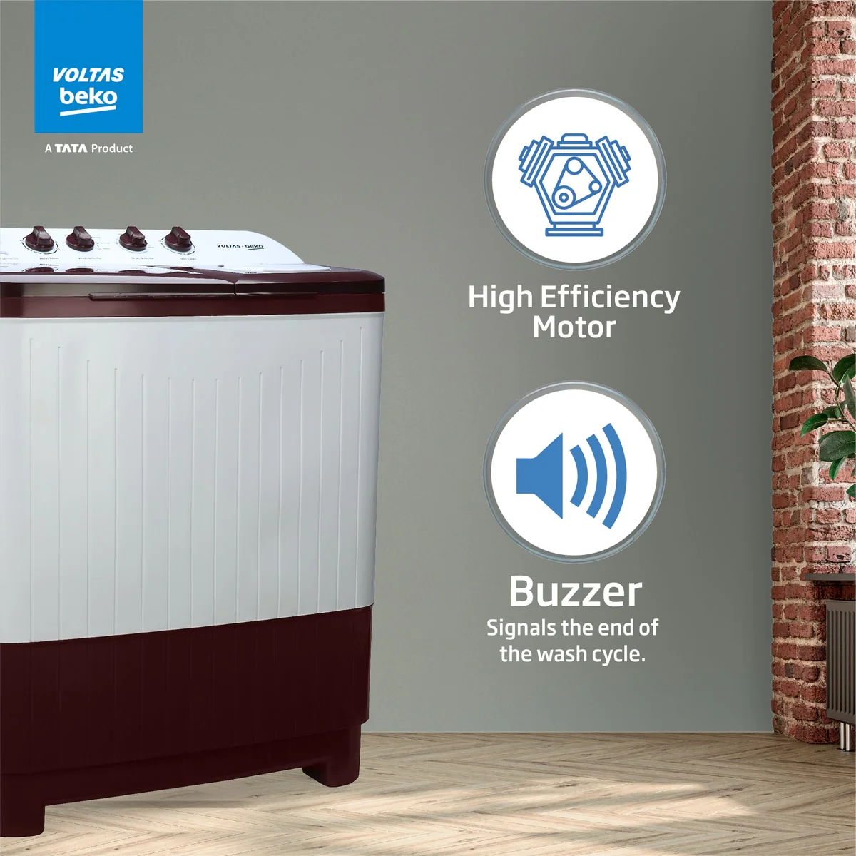 7 Kg 5 Star with Fast Dry Double Waterfall 5 Wing Pulsator Semi Automatic Top Load Washing Machine (WTT70DBRTF, Maroon & White) , Voltas Beko, A Tata Product - Image 2